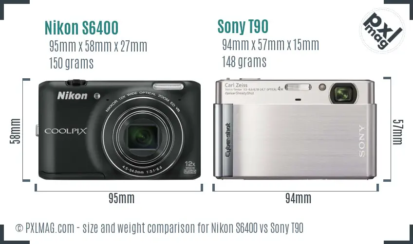 Nikon S6400 vs Sony T90 size comparison