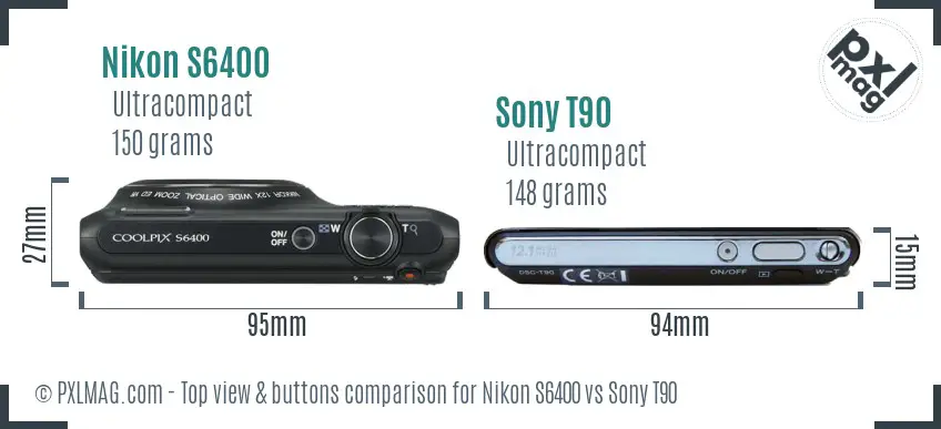 Nikon S6400 vs Sony T90 top view buttons comparison