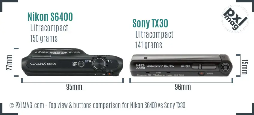 Nikon S6400 vs Sony TX30 top view buttons comparison