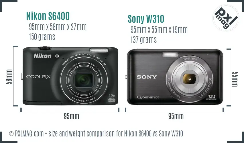 Nikon S6400 vs Sony W310 size comparison