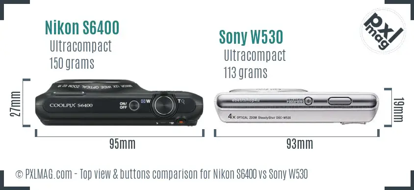 Nikon S6400 vs Sony W530 top view buttons comparison