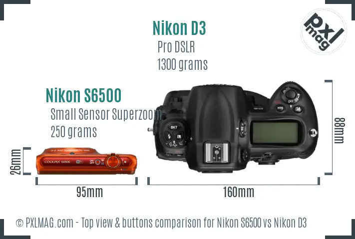 Nikon S6500 vs Nikon D3 top view buttons comparison