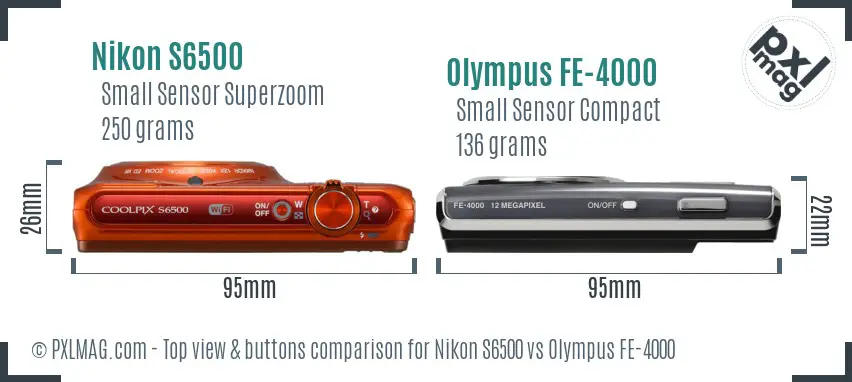 Nikon S6500 vs Olympus FE-4000 top view buttons comparison