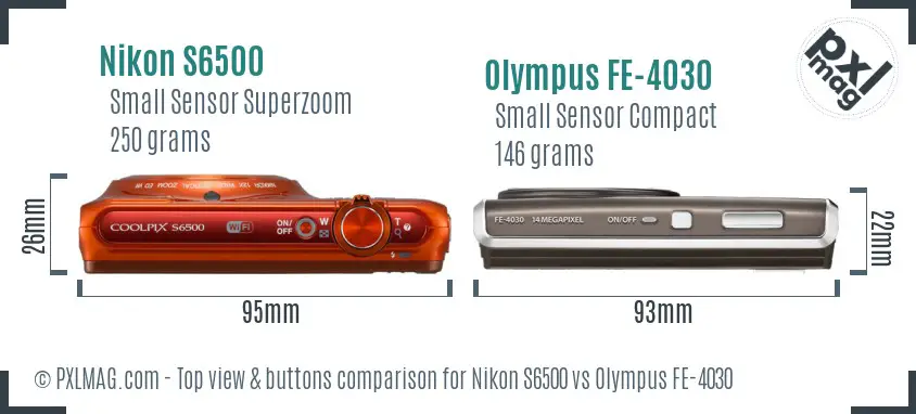 Nikon S6500 vs Olympus FE-4030 top view buttons comparison Nikon S6500 vs Olympus FE-4030 top view buttons comparison
