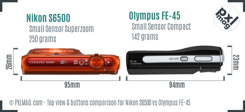 Nikon S6500 vs Olympus FE-45 top view buttons comparison