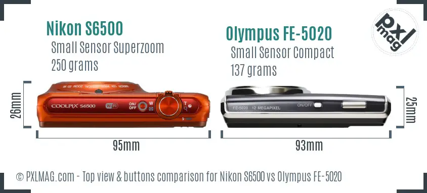 Nikon S6500 vs Olympus FE-5020 top view buttons comparison