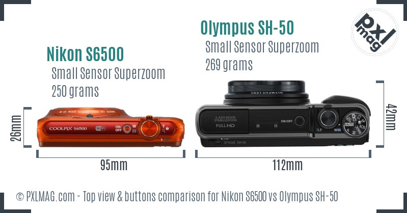 Nikon S6500 vs Olympus SH-50 top view buttons comparison