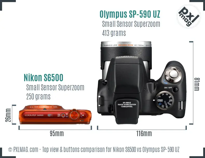 Nikon S6500 vs Olympus SP-590 UZ top view buttons comparison