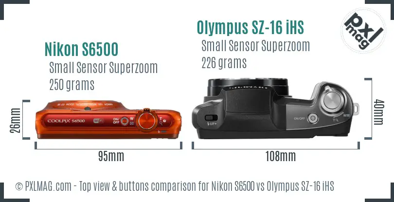 Nikon S6500 vs Olympus SZ-16 iHS top view buttons comparison