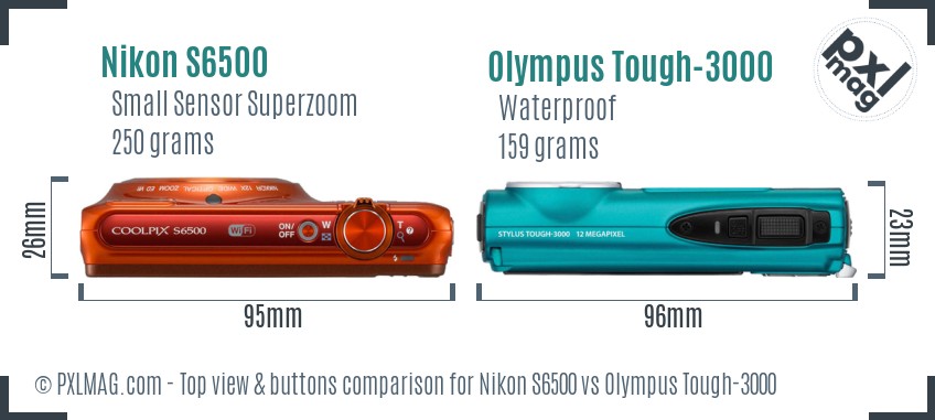 Nikon S6500 vs Olympus Tough-3000 top view buttons comparison