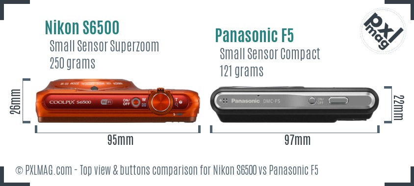 Nikon S6500 vs Panasonic F5 top view buttons comparison