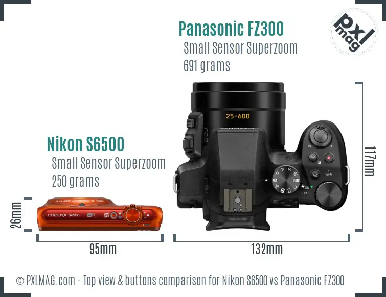 Nikon S6500 vs Panasonic FZ300 top view buttons comparison Nikon S6500 vs Panasonic FZ300 top view buttons comparison