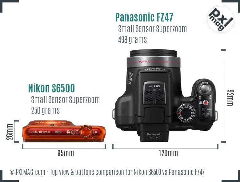 Nikon S6500 vs Panasonic FZ47 top view buttons comparison Nikon S6500 vs Panasonic FZ47 top view buttons comparison