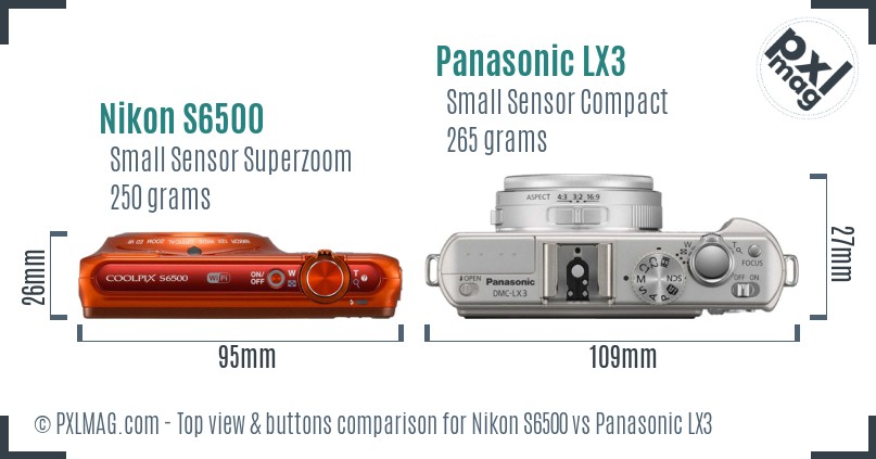 Nikon S6500 vs Panasonic LX3 top view buttons comparison