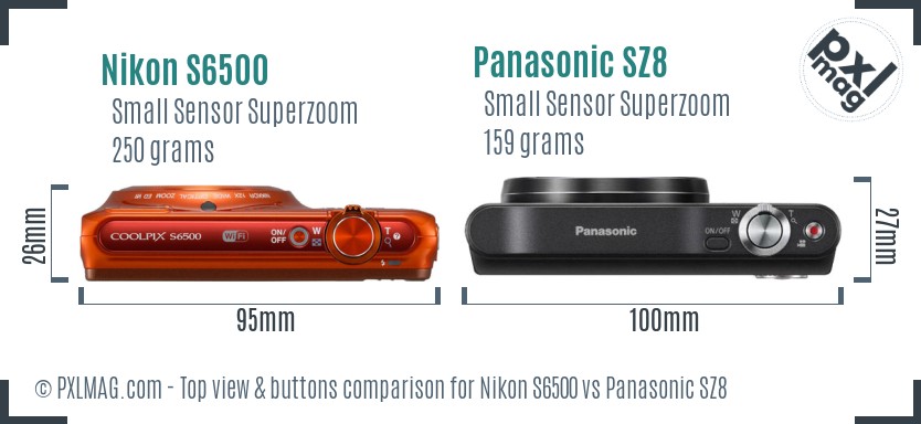 Nikon S6500 vs Panasonic SZ8 top view buttons comparison
