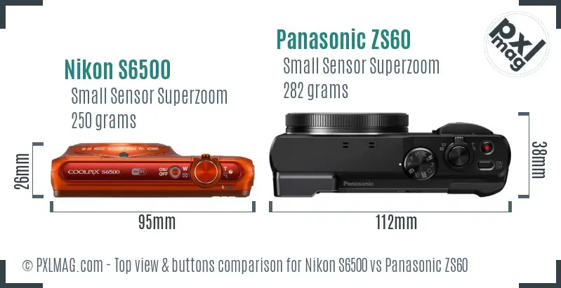 Nikon S6500 vs Panasonic ZS60 top view buttons comparison