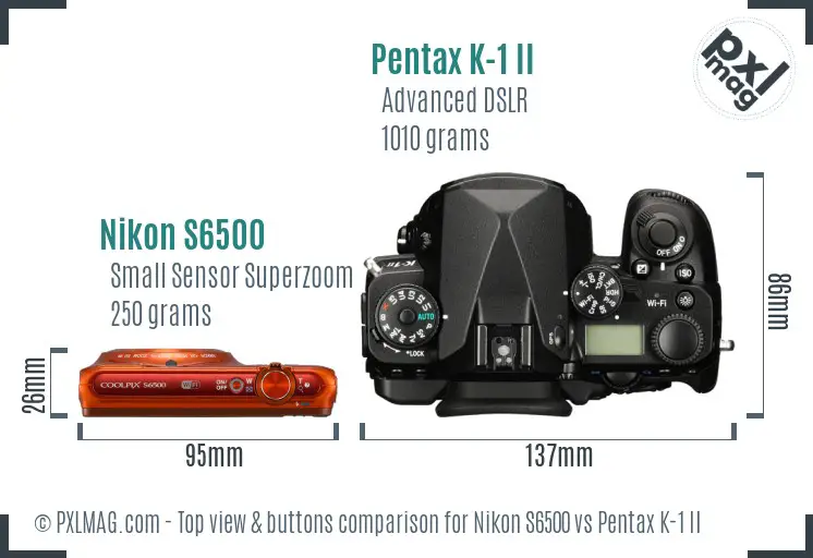 Nikon S6500 vs Pentax K-1 II top view buttons comparison