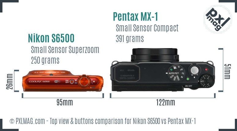 Nikon S6500 vs Pentax MX-1 top view buttons comparison