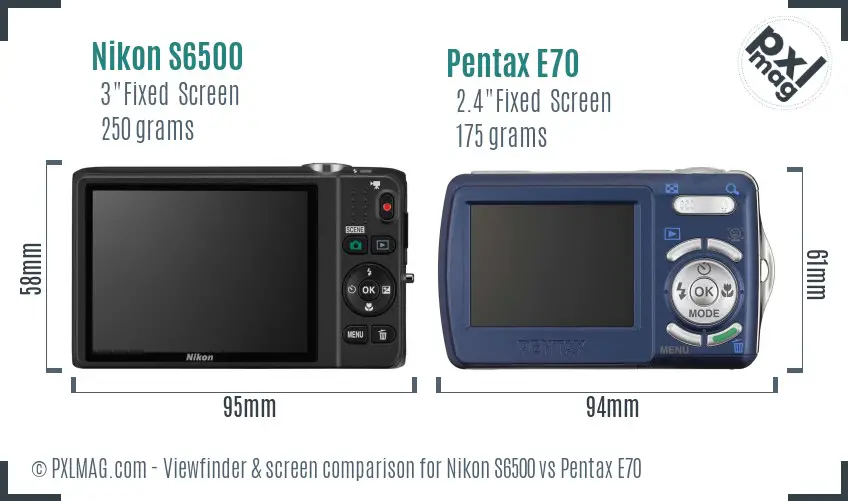 Nikon S6500 vs Pentax E70 Screen and Viewfinder comparison