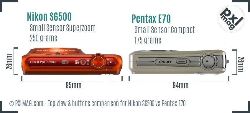 Nikon S6500 vs Pentax E70 top view buttons comparison