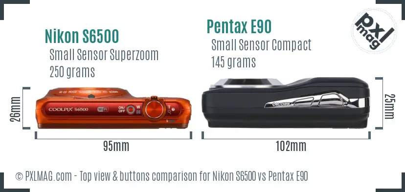 Nikon S6500 vs Pentax E90 top view buttons comparison