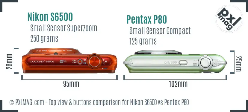 Nikon S6500 vs Pentax P80 top view buttons comparison