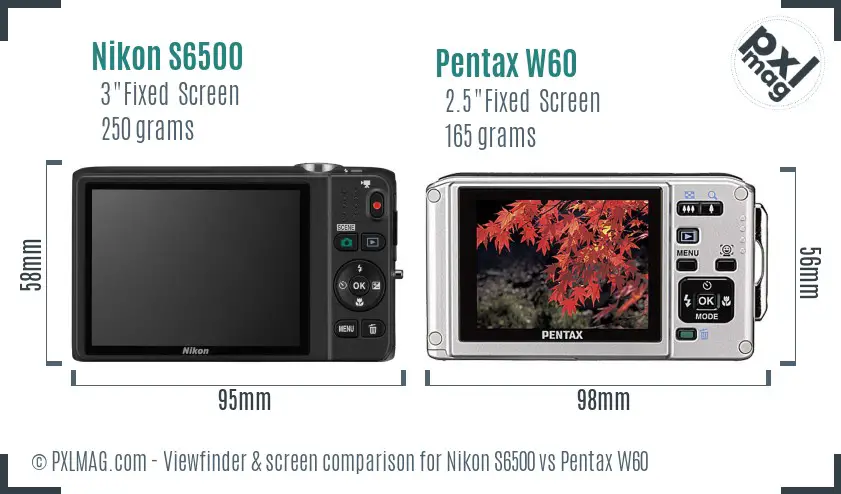 Nikon S6500 vs Pentax W60 Screen and Viewfinder comparison