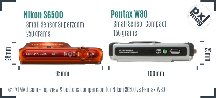Nikon S6500 vs Pentax W80 top view buttons comparison