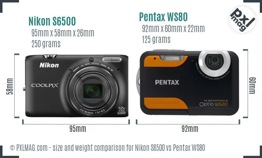 Nikon S6500 vs Pentax WS80 size comparison