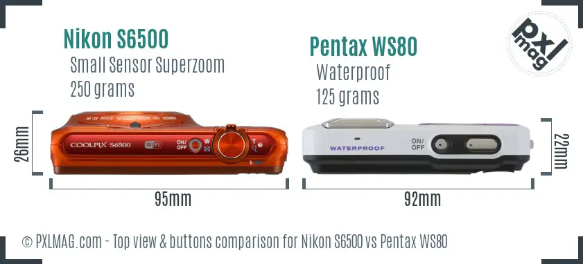 Nikon S6500 vs Pentax WS80 top view buttons comparison