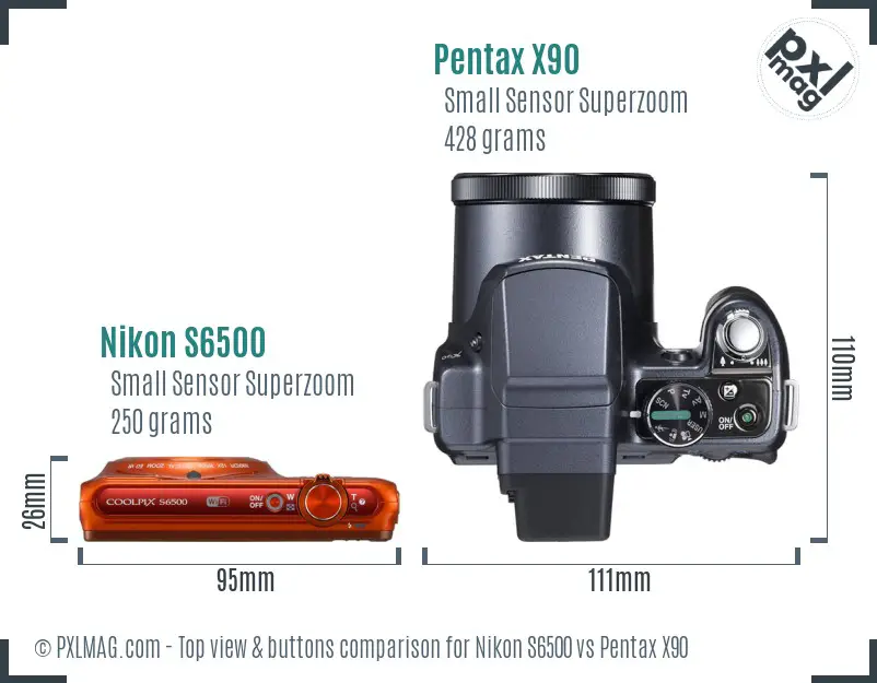 Nikon S6500 vs Pentax X90 top view buttons comparison