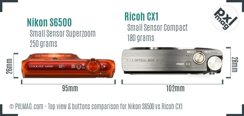 Nikon S6500 vs Ricoh CX1 top view buttons comparison Nikon S6500 vs Ricoh CX1 top view buttons comparison