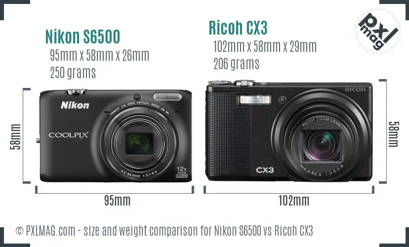 Nikon S6500 vs Ricoh CX3 size comparison