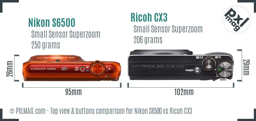 Nikon S6500 vs Ricoh CX3 top view buttons comparison