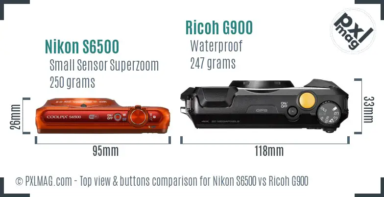 Nikon S6500 vs Ricoh G900 top view buttons comparison Nikon S6500 vs Ricoh G900 top view buttons comparison