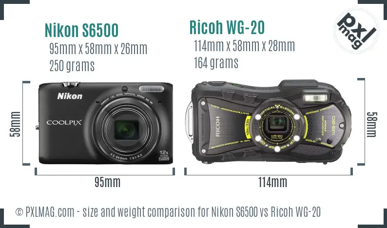 Nikon S6500 vs Ricoh WG-20 size comparison