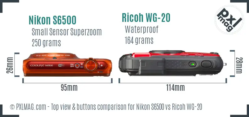 Nikon S6500 vs Ricoh WG-20 top view buttons comparison