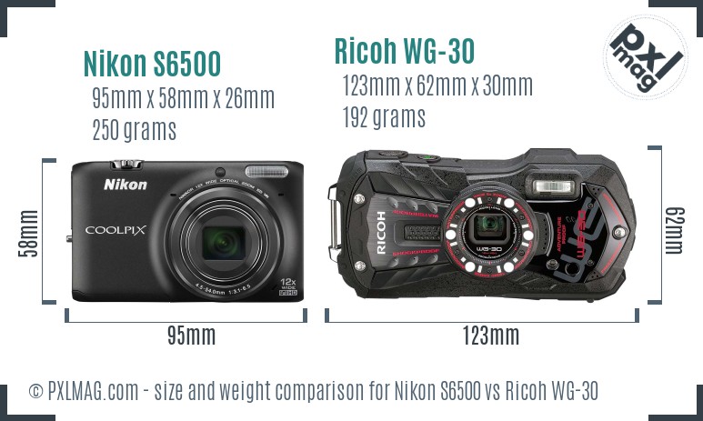 Nikon S6500 vs Ricoh WG-30 size comparison