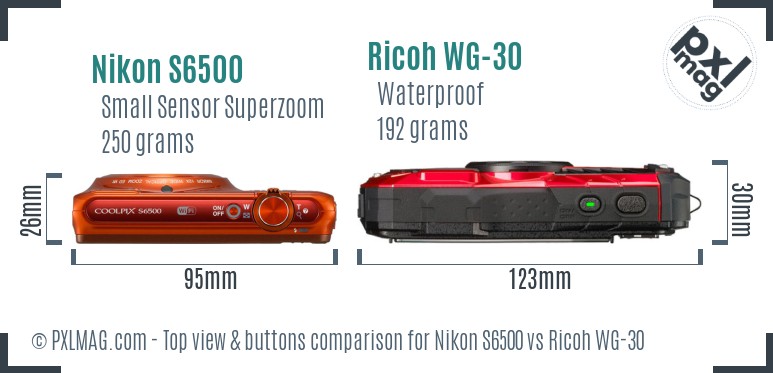 Nikon S6500 vs Ricoh WG-30 top view buttons comparison