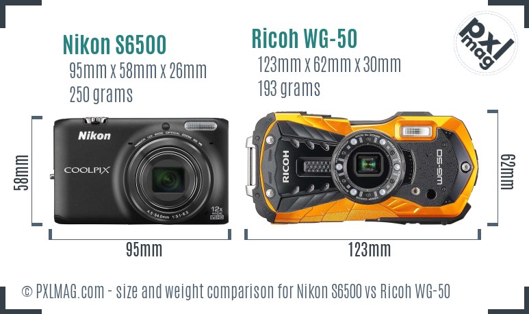 Nikon S6500 vs Ricoh WG-50 size comparison