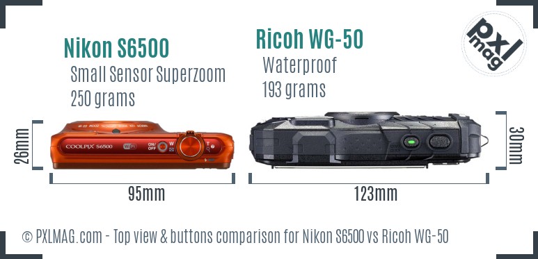 Nikon S6500 vs Ricoh WG-50 top view buttons comparison