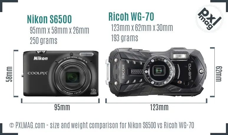 Nikon S6500 vs Ricoh WG-70 size comparison