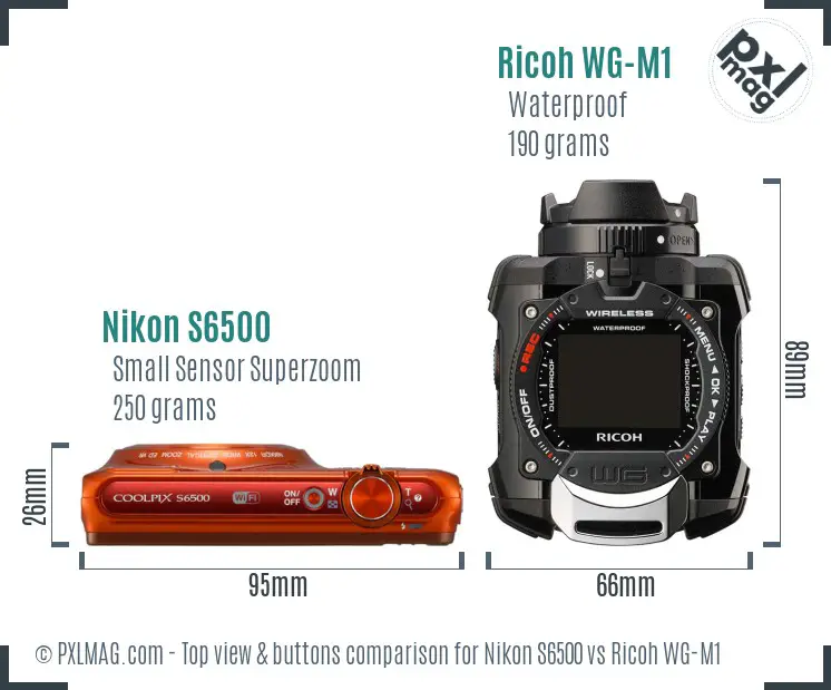 Nikon S6500 vs Ricoh WG-M1 top view buttons comparison