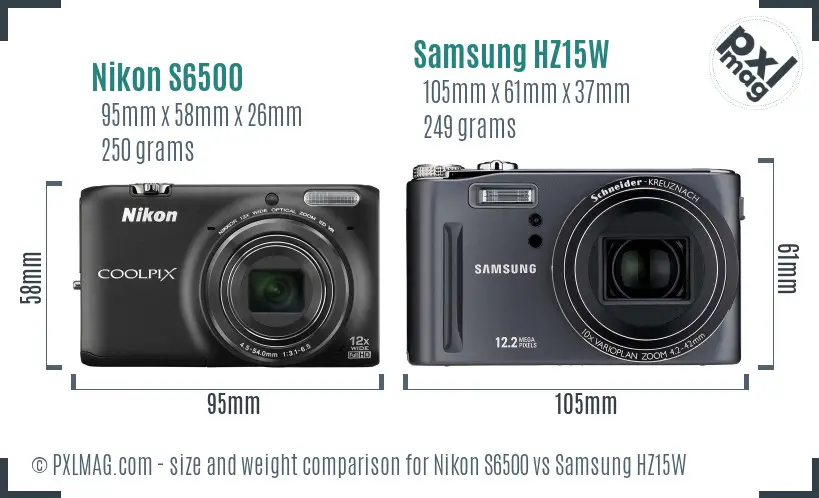 Nikon S6500 vs Samsung HZ15W size comparison