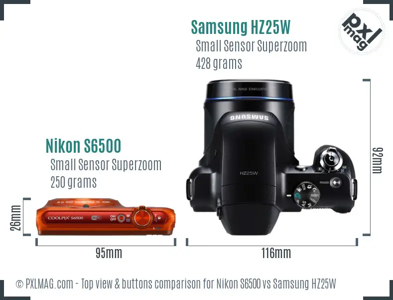 Nikon S6500 vs Samsung HZ25W top view buttons comparison Nikon S6500 vs Samsung HZ25W top view buttons comparison