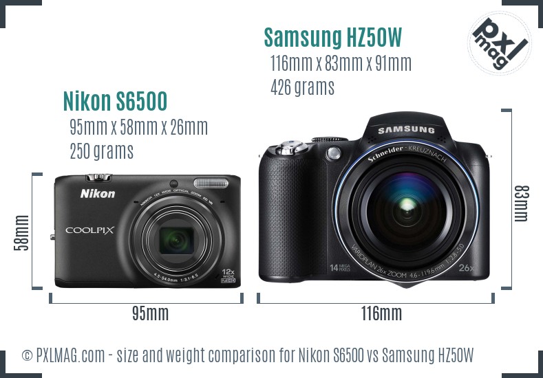 Nikon S6500 vs Samsung HZ50W size comparison