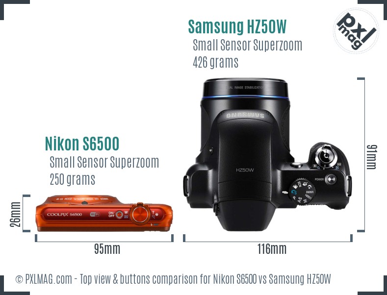 Nikon S6500 vs Samsung HZ50W top view buttons comparison