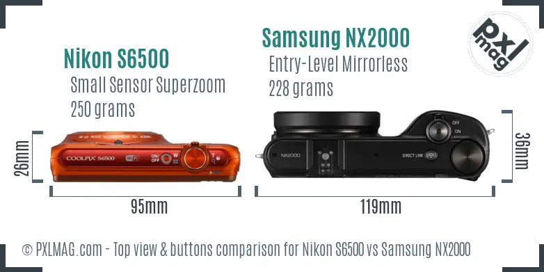 Nikon S6500 vs Samsung NX2000 top view buttons comparison