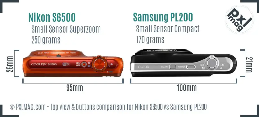 Nikon S6500 vs Samsung PL200 top view buttons comparison