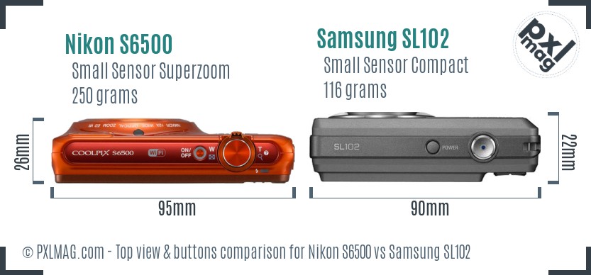 Nikon S6500 vs Samsung SL102 top view buttons comparison